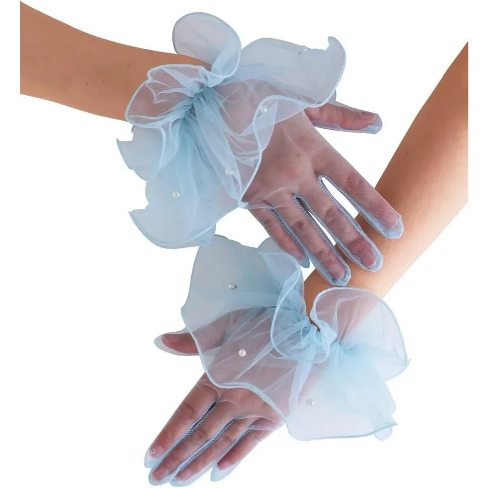 Women's Formal Evening Light Blue Short Mesh Tulle Gloves Wedding Party Costume